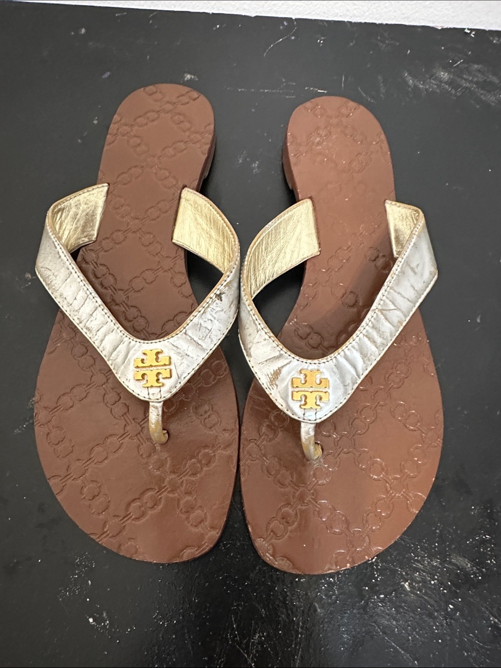 Tory Burch Gold and Brown Logo Thong Sandals